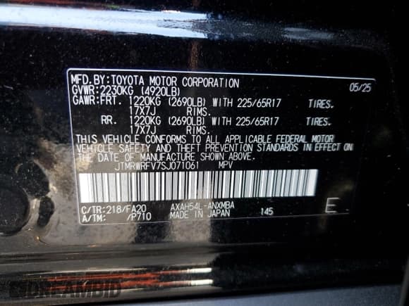 ✅ 2025 Toyota RAV4 Hybrid XLE • VIN: JTMRWRFV7SJ071061 • Lot: 68856325. Listed on Copart with 780 mi. Free auction sales archive from the USA and detailed vehicle history report at DreamBid. Image 13.