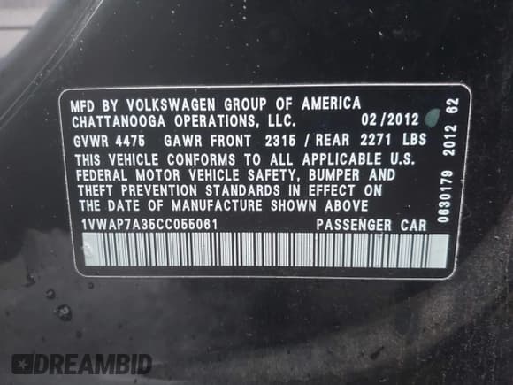 ✅ 2012 Volkswagen Passat S • VIN: 1VWAP7A35CC055061 • Lot: 41745199. Wystawiony na IAAI z przebiegiem 203 266 mil. Bezpłatny archiwum sprzedaży aukcyjnych z USA i szczegółowy raport historii pojazdu na DreamBid. Zdjęcie 9.