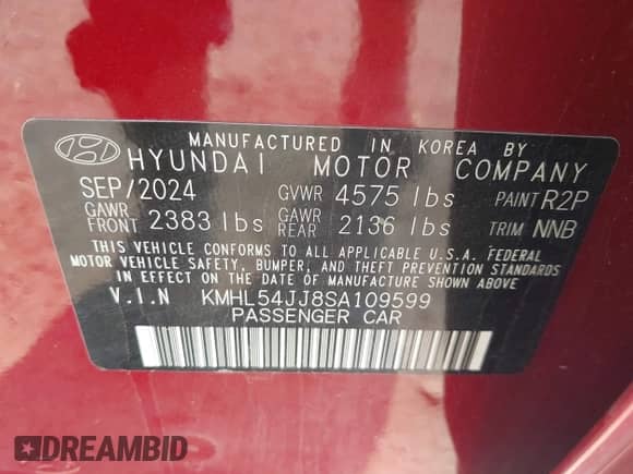 ✅ 2025 Hyundai Sonata Limited • VIN: KMHL54JJ8SA109599 • Lot: 43238017. Listed on IAAI with 20,546 mi. Free auction sales archive from the USA and detailed vehicle history report at DreamBid. Image 9.