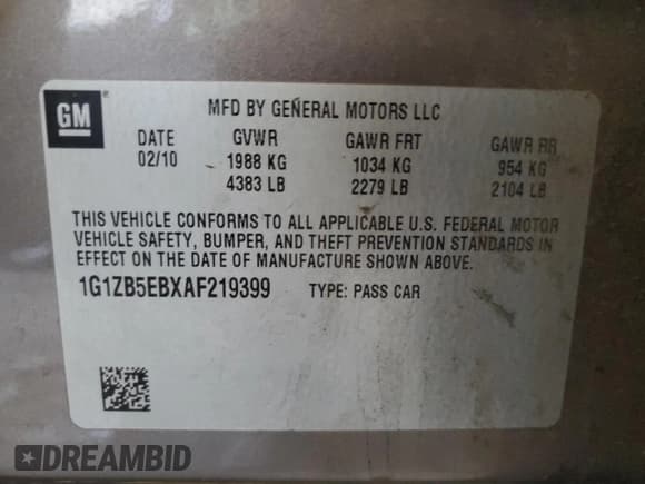 ✅ 2010 Chevrolet Malibu 1LS • VIN: 1G1ZB5EBXAF219399 • Lot: 90817175. Wystawiony na Copart z przebiegiem 119 807 mil. Bezpłatny archiwum sprzedaży aukcyjnych z USA i szczegółowy raport historii pojazdu na DreamBid. Zdjęcie 12.