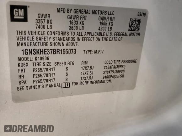 ✅ 2011 Chevrolet Suburban LS • VIN: 1GNSKHE37BR166073 • Lot: 65434585. Listed on Copart with 145,957 mi. Free auction sales archive from the USA and detailed vehicle history report at DreamBid. Image 13.