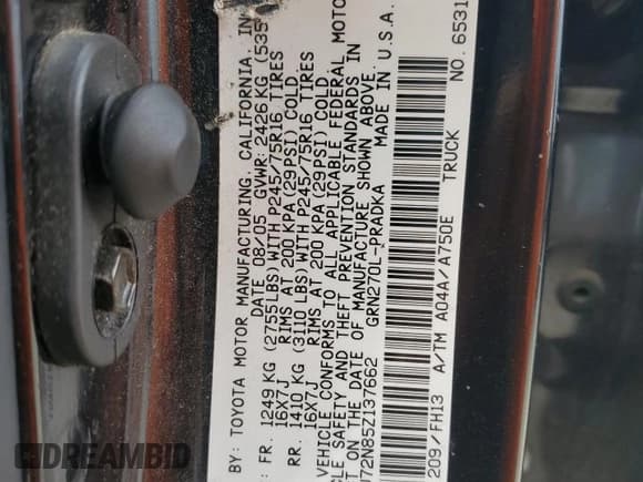 ✅ 2005 Toyota Tacoma PreRunner • VIN: 5TEKU72N85Z137662 • Lot: 70781375. Wystawiony na Copart z przebiegiem 238 665 mil. Bezpłatny archiwum sprzedaży aukcyjnych z USA i szczegółowy raport historii pojazdu na DreamBid. Zdjęcie 12.