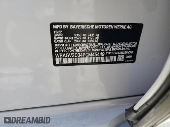 ✅ 2023 BMW 8 Series 840i • VIN: WBAGV2C04PCM45449 • Lot: 91686385. Listed on Copart with 29,887 mi. Free auction sales archive from the USA and detailed vehicle history report at DreamBid. Image 12.