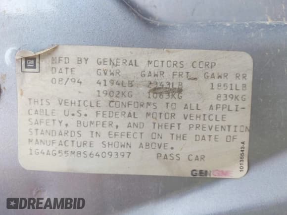 ✅ 1995 Buick Century Limited SL • VIN: 1G4AG55M8S6409397 • Lot: 41872633. Listed on IAAI with 84,308 mi. Free auction sales archive from the USA and detailed vehicle history report at DreamBid. Image 9.