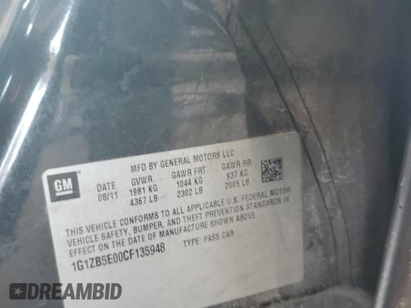 ✅ 2012 Chevrolet Malibu 1LS • VIN: 1G1ZB5E00CF135948 • Lot: 55819144. Listed on Copart with Not provided. Free auction sales archive from the USA and detailed vehicle history report at DreamBid. Image 15.