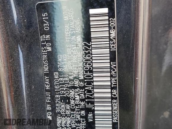 ✅ 2015 Subaru BRZ Limited • VIN: JF1ZCAC10F9606322 • Lot: 63285035. Listed on Copart with 63,023 mi. Free auction sales archive from the USA and detailed vehicle history report at DreamBid. Image 12.