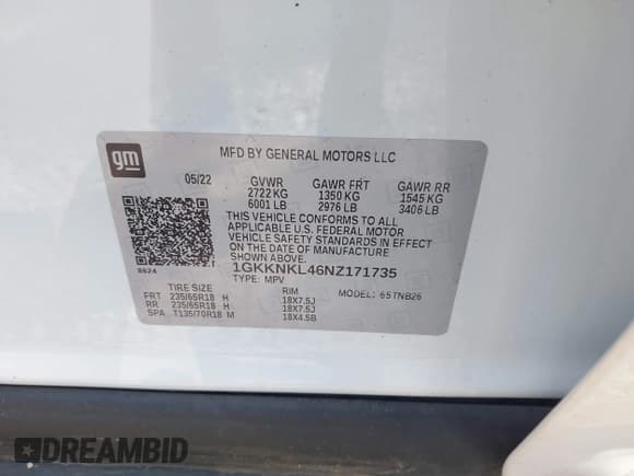 ✅ 2022 GMC Acadia SLE • VIN: 1GKKNKL46NZ171735 • Lot: 42947989. Listed on IAAI with 18,580 mi. Free auction sales archive from the USA and detailed vehicle history report at DreamBid. Image 9.