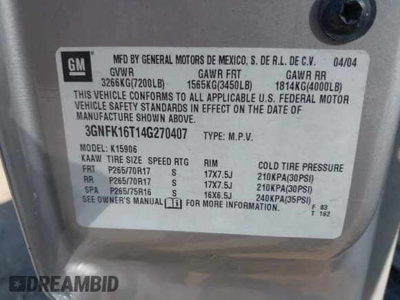 ✅ 2004 Chevrolet Suburban Z71 • VIN: 3GNFK16T14G270407 • Лот: 40850005. Опубликован ранее на IAAI с пробегом Не указан. Бесплатный доступ к архиву аукционных продаж из США и подробный отчёт об истории автомобиля на DreamBid. Изображение 9.