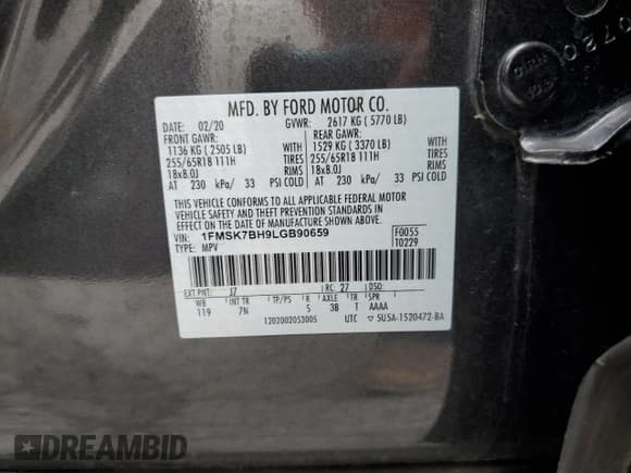 ✅ 2020 Ford Explorer • VIN: 1FMSK7BH9LGB90659 • Lot: 69545795. Listed on Copart with 55,417 mi. Free auction sales archive from the USA and detailed vehicle history report at DreamBid. Image 13.