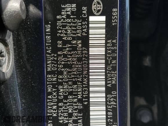 2022 Toyota Camry Hybrid SE with VIN 4T1G31AK2NU037297, listed as a Copart auction lot 81381335 with 102,335 mi miles and Salvage title. Bid and sale history available at DreamBid. Image 12.