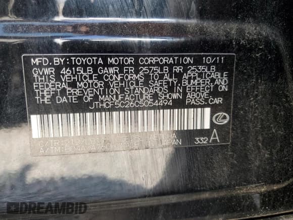 ✅ 2012 Lexus IS 250 • VIN: JTHCF5C26C5054494 • Lot: 53718735. Listed on Copart with 140,635 mi. Free auction sales archive from the USA and detailed vehicle history report at DreamBid. Image 12.