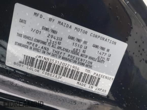 ✅ 2002 Mazda MX-5 Miata Cloth • VIN: JM1NB353120221906 • Lot: 43868481. Listed on IAAI with 99,471 mi. Free auction sales archive from the USA and detailed vehicle history report at DreamBid. Image 9.