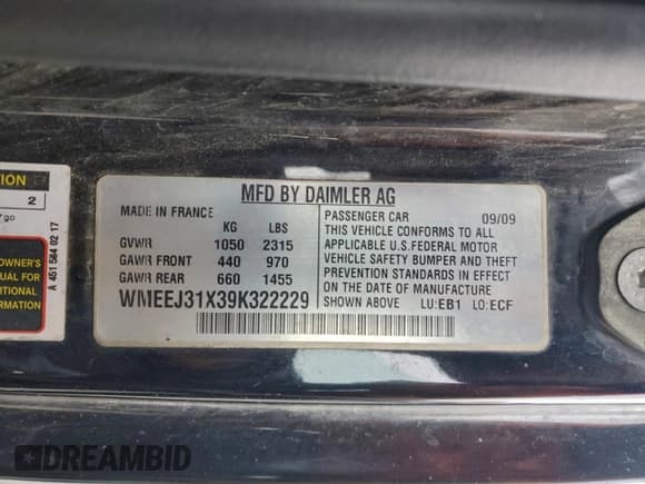 ✅ 2009 Smart fortwo Pure • VIN: WMEEJ31X39K322229 • Lot: 95828695. Wystawiony na Copart z przebiegiem 88 447 mil. Bezpłatny archiwum sprzedaży aukcyjnych z USA i szczegółowy raport historii pojazdu na DreamBid. Zdjęcie 12.