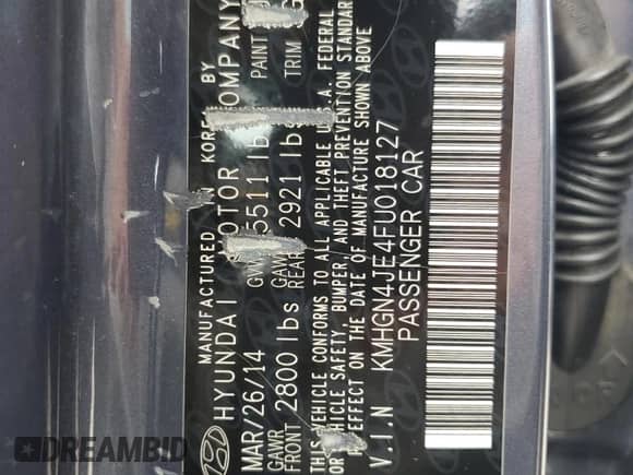 2015 Hyundai Genesis 3.8L z VIN KMHGN4JE4FU018127, wystawiony jako Copart lot #64852744 z przebiegiem 136 850 mil mil oraz Nie do naprawy • Non repairable. Historia ofert i sprzedaży dostępna na DreamBid. Obrazek 12.