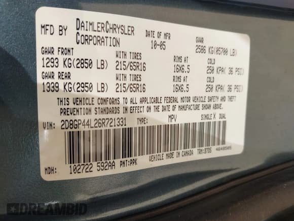 ✅ 2006 Dodge Grand Caravan SXT • VIN: 2D8GP44L26R721331 • Lot: 42173950. Listed on IAAI with 178,297 mi. Free auction sales archive from the USA and detailed vehicle history report at DreamBid. Image 9.