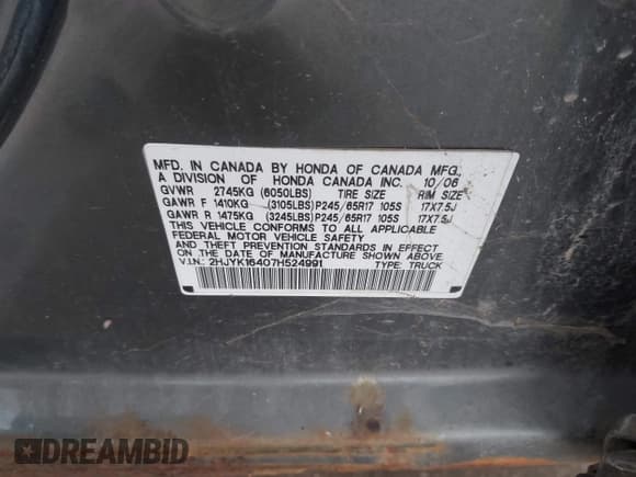 ✅ 2007 Honda Ridgeline RTS • VIN: 2HJYK16407H524991 • Lot: 43788499. Wystawiony na IAAI z przebiegiem 166 488 mil. Bezpłatny archiwum sprzedaży aukcyjnych z USA i szczegółowy raport historii pojazdu na DreamBid. Zdjęcie 9.