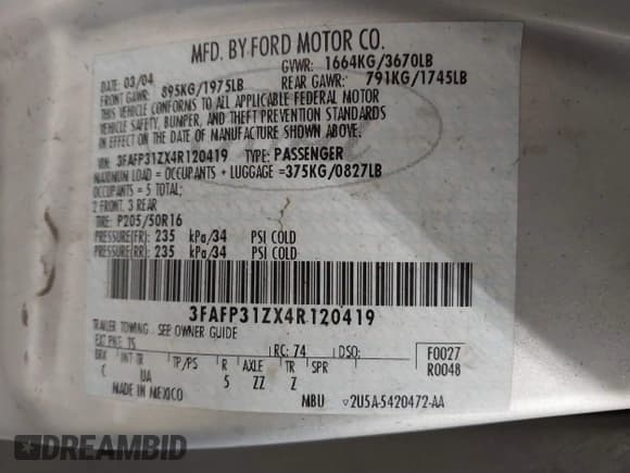 ✅ 2004 Ford Focus ZX3 • VIN: 3FAFP31ZX4R120419 • Lot: 41346588. Listed on IAAI with 234,774 mi. Free auction sales archive from the USA and detailed vehicle history report at DreamBid. Image 9.