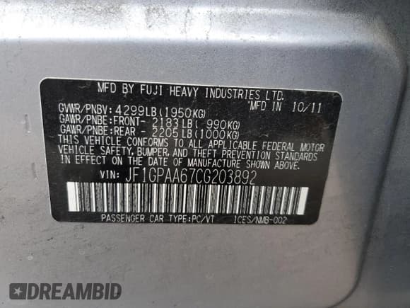 ✅ 2012 Subaru Impreza 2.0i • VIN: JF1GPAA67CG203892 • Lot: 69366845. Wystawiony na Copart z przebiegiem 161 205 mil. Bezpłatny archiwum sprzedaży aukcyjnych z USA i szczegółowy raport historii pojazdu na DreamBid. Zdjęcie 12.