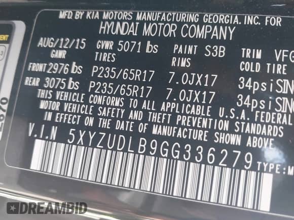 2016 Hyundai Santa Fe z VIN 5XYZUDLB9GG336279, wystawiony jako IAAI lot #43144544 z przebiegiem 117 983 mil mil oraz . Historia ofert i sprzedaży dostępna na DreamBid. Obrazek 9.