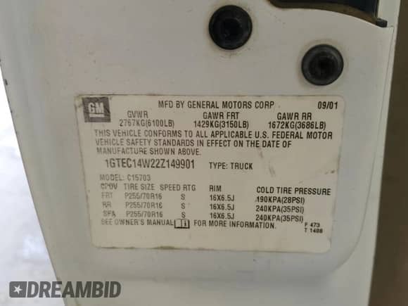 2002 GMC Sierra 1500 with VIN 1GTEC14W22Z149901, listed as a Copart auction lot 60996325 with 243,259 mi miles and Clean title. Bid and sale history available at DreamBid. Image 12.
