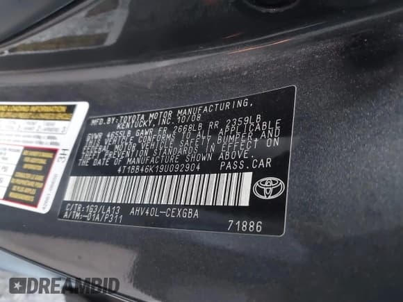 ✅ 2009 Toyota Camry • VIN: 4T1BB46K19U092904 • Lot: 43787090. Wystawiony na IAAI z przebiegiem 159 262 mil. Bezpłatny archiwum sprzedaży aukcyjnych z USA i szczegółowy raport historii pojazdu na DreamBid. Zdjęcie 9.