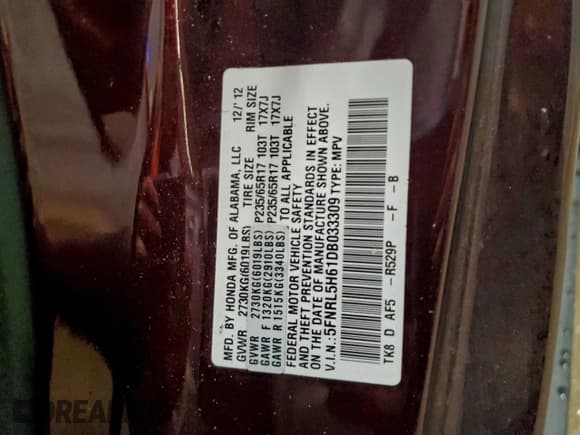 ✅ 2013 Honda Odyssey EX-L • VIN: 5FNRL5H61DB033309 • Lot: 93715035. Listed on Copart with 111,130 mi. Free auction sales archive from the USA and detailed vehicle history report at DreamBid. Image 13.