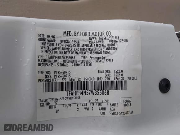 ✅ 2007 Ford Focus S • VIN: 1FAHP34N57W355068 • Lot: 43735746. Listed on IAAI with 126,471 mi. Free auction sales archive from the USA and detailed vehicle history report at DreamBid. Image 9.