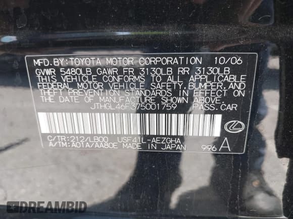 ✅ 2007 Lexus LS 460 L • VIN: JTHGL46F375001759 • Lot: 41959744. Listed on IAAI with 144,668 mi. Free auction sales archive from the USA and detailed vehicle history report at DreamBid. Image 9.