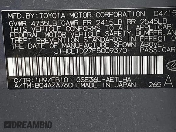 ✅ 2015 Lexus IS 350 • VIN: JTHCE1D27F5009370 • Lot: 43686848. Listed on IAAI with 75,302 mi. Free auction sales archive from the USA and detailed vehicle history report at DreamBid. Image 9.