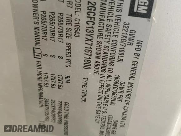 ✅ 2007 Chevrolet Silverado 1500 • VIN: 2GCFC13YX71671800 • Lot: 85641474. Listed on Copart with Not provided. Free auction sales archive from the USA and detailed vehicle history report at DreamBid. Image 12.