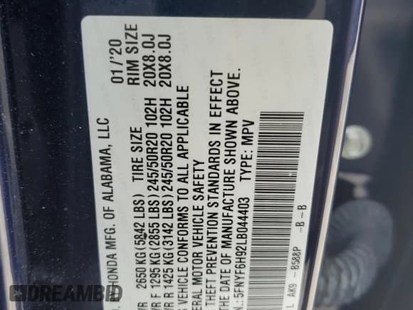 ✅ 2020 Honda Pilot Touring 8-Passenger • VIN: 5FNYF6H92LB044403 • Lot: 82322715. Wystawiony na Copart z przebiegiem 102 372 mil. Bezpłatny archiwum sprzedaży aukcyjnych z USA i szczegółowy raport historii pojazdu na DreamBid. Zdjęcie 13.