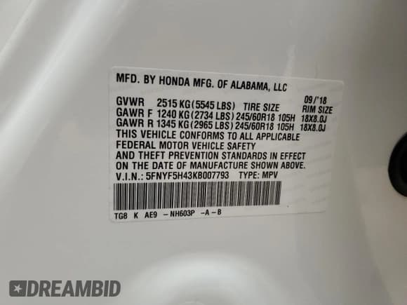 ✅ 2019 Honda Pilot EX-L • VIN: 5FNYF5H43KB007793 • Lot: 80502344. Listed on Copart with 105,475 mi. Free auction sales archive from the USA and detailed vehicle history report at DreamBid. Image 13.