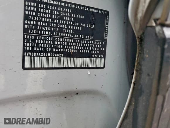 ✅ 2018 Volkswagen Tiguan SEL • VIN: 3VV3B7AX6JM024623 • Lot: 95698655. Listed on Copart with 106,479 mi. Free auction sales archive from the USA and detailed vehicle history report at DreamBid. Image 13.