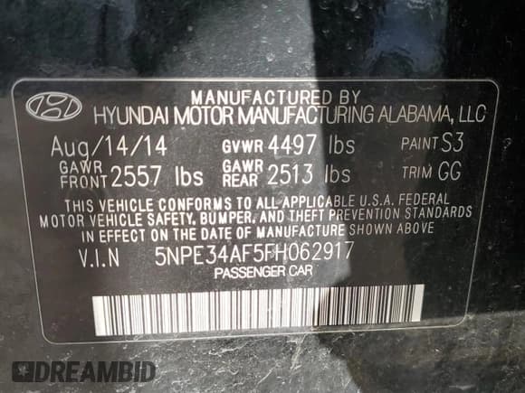 ✅ 2015 Hyundai Sonata Sport • VIN: 5NPE34AF5FH062917 • Lot: 42027853. Listed on Copart with Not provided. Free auction sales archive from the USA and detailed vehicle history report at DreamBid. Image 12.