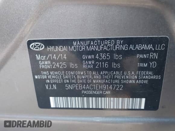 2014 Hyundai Sonata GLS with VIN 5NPEB4AC1EH914722, listed as a IAAI auction lot 43496417 with 169,829 mi miles and . Bid and sale history available at DreamBid. Image 9.