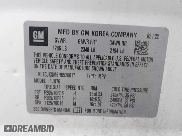 ✅ 2022 Chevrolet Trax LS • VIN: KL7CJKSM6NB526017 • Lot: 42267795. Listed on IAAI with 56,408 mi. Free auction sales archive from the USA and detailed vehicle history report at DreamBid. Image 9.