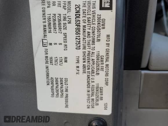 2005 Chevrolet Equinox LT с VIN 2CNDL63F856127570, выставлен на аукционе Copart как лот 77959814 с пробегом 206 473 миль миль и Списание • Salvage title. История ставок и продаж доступна на DreamBid. Изображение 13.