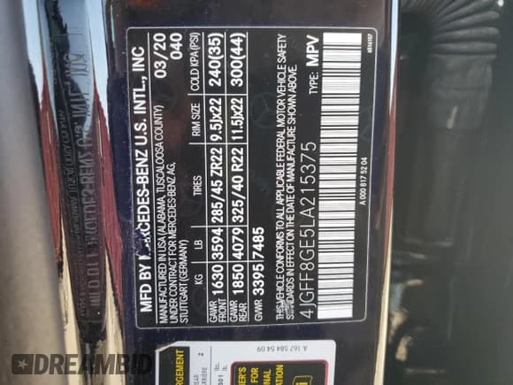 ✅ 2020 Mercedes-Benz GLS 580 • VIN: 4JGFF8GE5LA215375 • Лот: 68090215. Опубликован ранее на Copart с пробегом 23 896 миль. Бесплатный доступ к архиву аукционных продаж из США и подробный отчёт об истории автомобиля на DreamBid. Изображение 13.