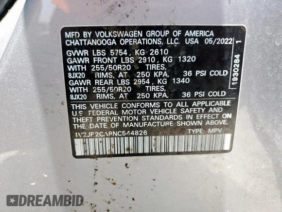 ✅ 2022 Volkswagen Atlas SE • VIN: 1V2JR2CA8NC544826 • Lot: 65275145. Wystawiony na Copart z przebiegiem 44 333 mil. Bezpłatny archiwum sprzedaży aukcyjnych z USA i szczegółowy raport historii pojazdu na DreamBid. Zdjęcie 14.