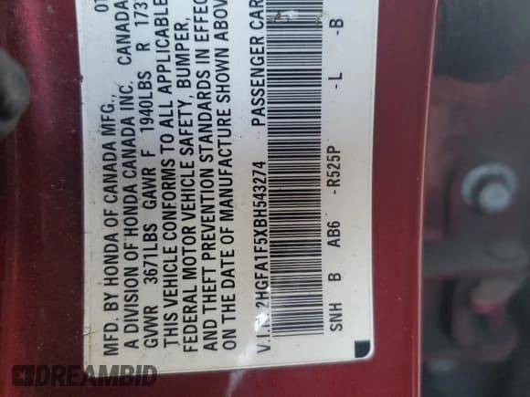 ✅ 2011 Honda Civic LX • VIN: 2HGFA1F5XBH543274 • Lot: 92047255. Listed on Copart with 155,076 mi. Free auction sales archive from the USA and detailed vehicle history report at DreamBid. Image 12.