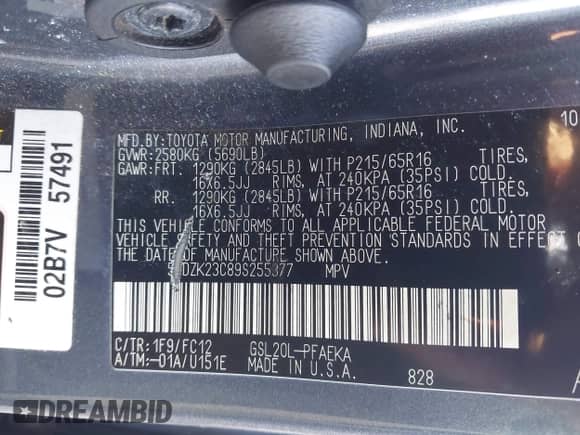 2009 Toyota Sienna CE z VIN 5TDZK23C89S255377, wystawiony jako IAAI lot #43024103 z przebiegiem 257 722 mil mil oraz . Historia ofert i sprzedaży dostępna na DreamBid. Obrazek 9.