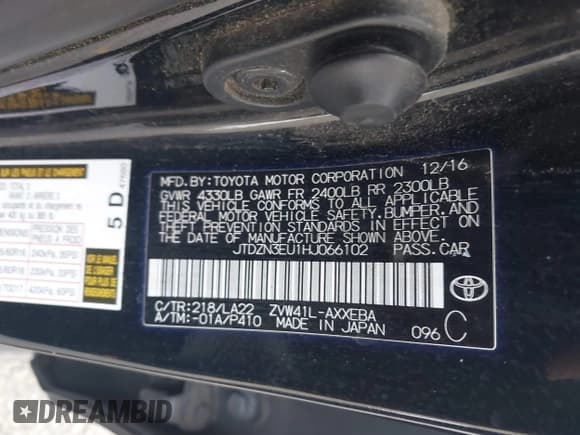 ✅ 2017 Toyota Prius Two • VIN: JTDZN3EU1HJ066102 • Lot: 41429125. Listed on IAAI with 168,152 mi. Free auction sales archive from the USA and detailed vehicle history report at DreamBid. Image 9.