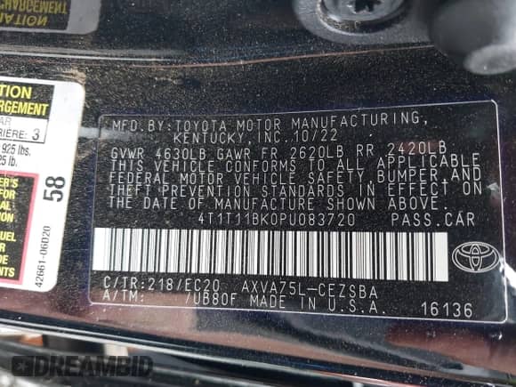 2023 Toyota Camry SE with VIN 4T1T11BK0PU083720, listed as a IAAI auction lot 42967982 with 19,972 mi miles and . Bid and sale history available at DreamBid. Image 9.