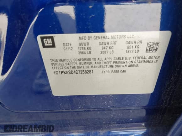 2012 Chevrolet Cruze ECO z VIN 1G1PK5SC4C7258281, wystawiony jako IAAI lot #43485305 z przebiegiem 130 979 mil mil oraz . Historia ofert i sprzedaży dostępna na DreamBid. Obrazek 9.