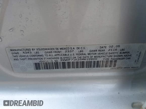 ✅ 2005 Volkswagen Jetta 2.5L • VIN: 3VWDF71K25M610900 • Лот: 42834187. Опубликован ранее на IAAI с пробегом 127 701 миль. Бесплатный доступ к архиву аукционных продаж из США и подробный отчёт об истории автомобиля на DreamBid. Изображение 9.