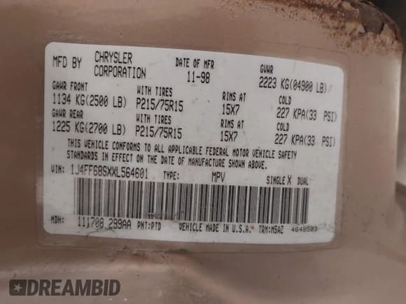 ✅ 1999 Jeep Cherokee Sport • VIN: 1J4FF68SXXL564601 • Lot: 43041411. Wystawiony na IAAI z przebiegiem 235 784 mil. Bezpłatny archiwum sprzedaży aukcyjnych z USA i szczegółowy raport historii pojazdu na DreamBid. Zdjęcie 9.