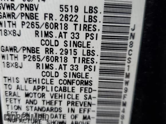 ✅ 2015 Infiniti QX70 • VIN: JN8CS1MW9FM481352 • Lot: 51229405. Listed on Copart with 64,309 mi. Free auction sales archive from the USA and detailed vehicle history report at DreamBid. Image 14.