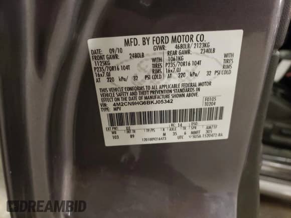 2011 Mercury Mariner Premier z VIN 4M2CN9HG6BKJ05342, wystawiony jako Copart lot #54748555 z przebiegiem 168 073 mil mil oraz Szkoda całkowita • Salvage title. Historia ofert i sprzedaży dostępna na DreamBid. Obrazek 13.