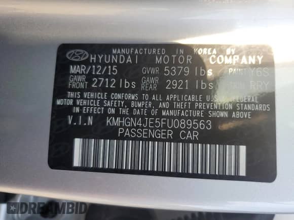 2015 Hyundai Genesis 3.8L z VIN KMHGN4JE5FU089563, wystawiony jako Copart lot #75434424 z przebiegiem 78 978 mil mil oraz Szkoda całkowita • Salvage title. Historia ofert i sprzedaży dostępna na DreamBid. Obrazek 12.