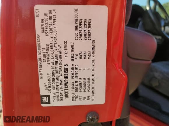 ✅ 2001 Chevrolet S-10 LS • VIN: 1GCDT13W51K215815 • Лот: 82682874. Опубликован ранее на Copart с пробегом 188 618 миль. Бесплатный доступ к архиву аукционных продаж из США и подробный отчёт об истории автомобиля на DreamBid. Изображение 12.